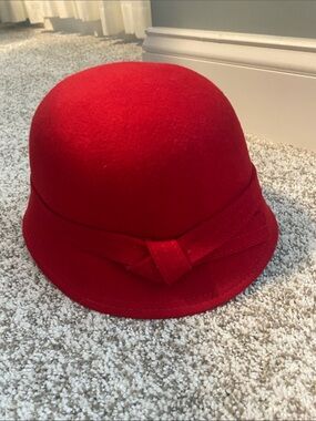 Red Wool Cloche Hat with Decorative Band